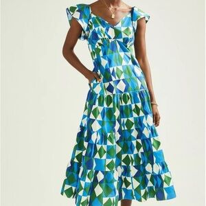 Anthropologie Farm Rio Tiered Maxi Dress Carmelita Geometric Ruffle Size M